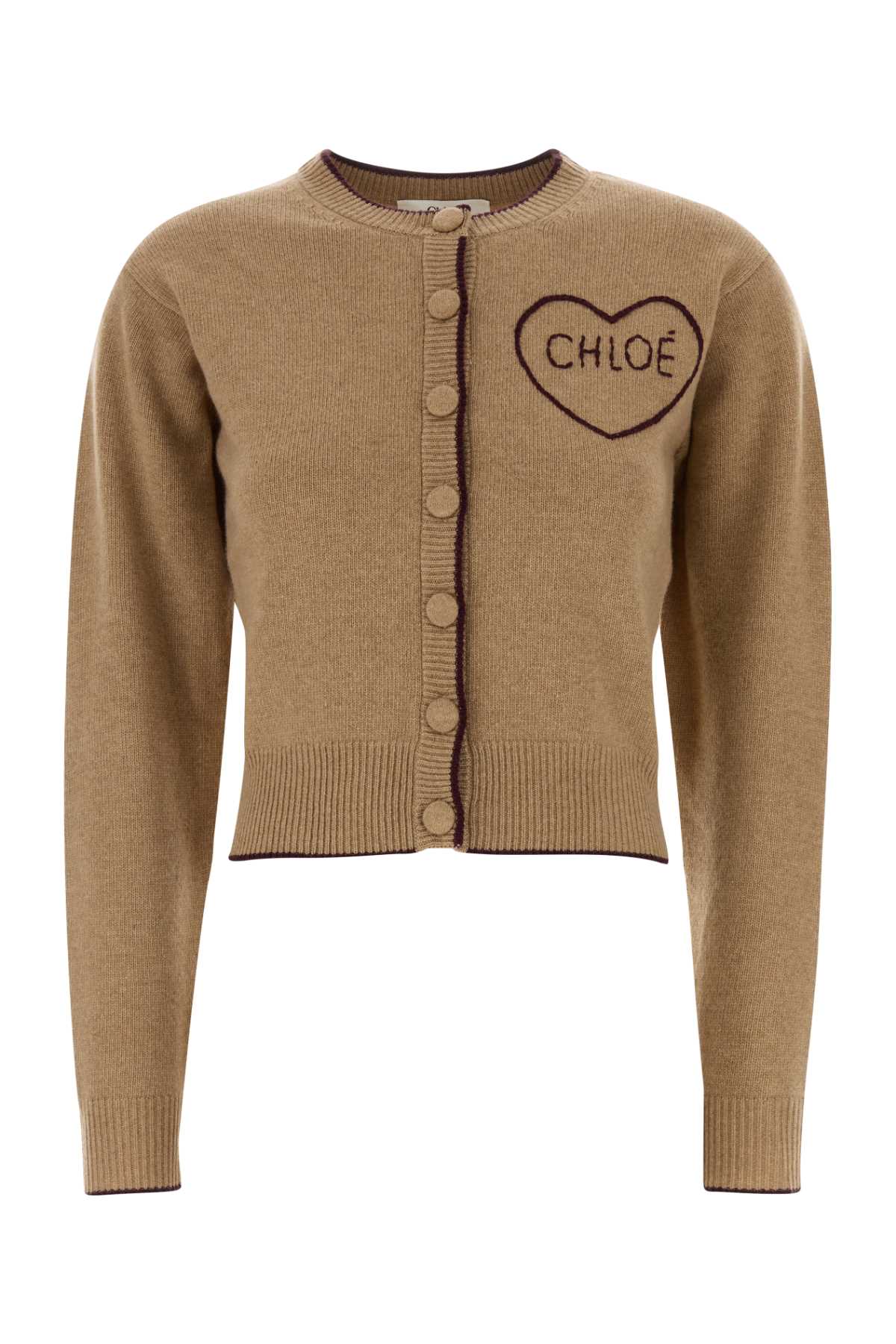 Chloé Logo-Embroidered Wool Blend Cardigan — Beige