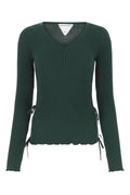 Bottega Veneta Ribbed V-Neck with Ruched Sleeves Sweater — Green