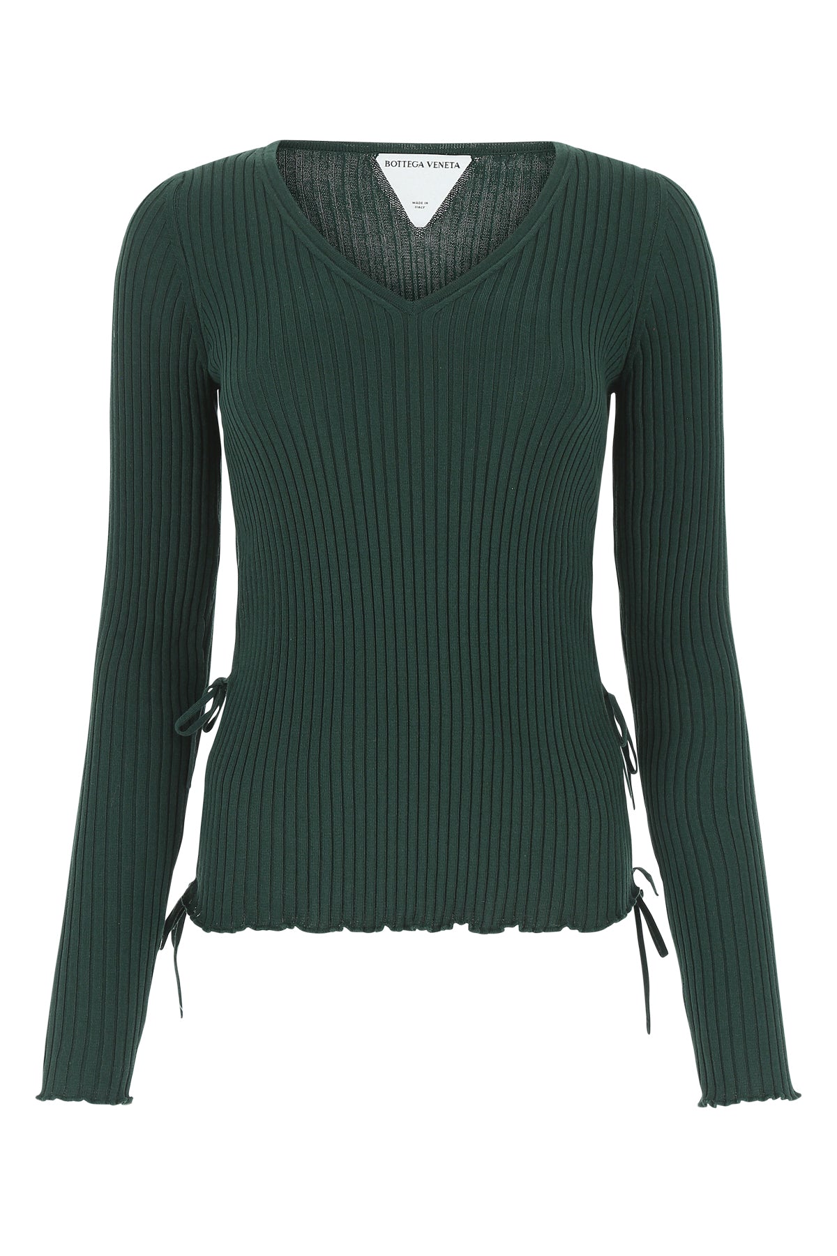 Bottega Veneta Ribbed V-Neck with Ruched Sleeves Sweater — Green