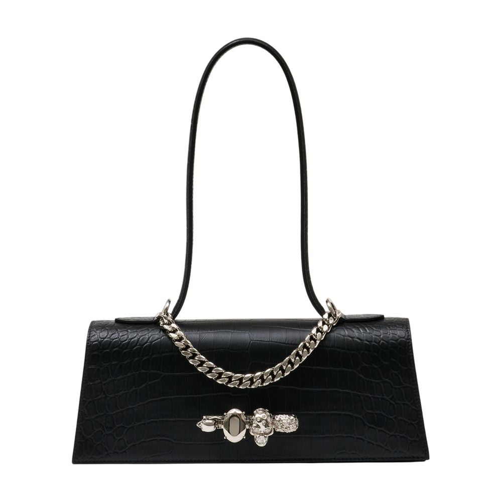 Alexander McQueen Jewelled Croc-Embossed Calfskin Shoulder Bag — Black