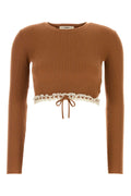 Chloé Ribbed Wool with Lace Trim Sweater — Brown