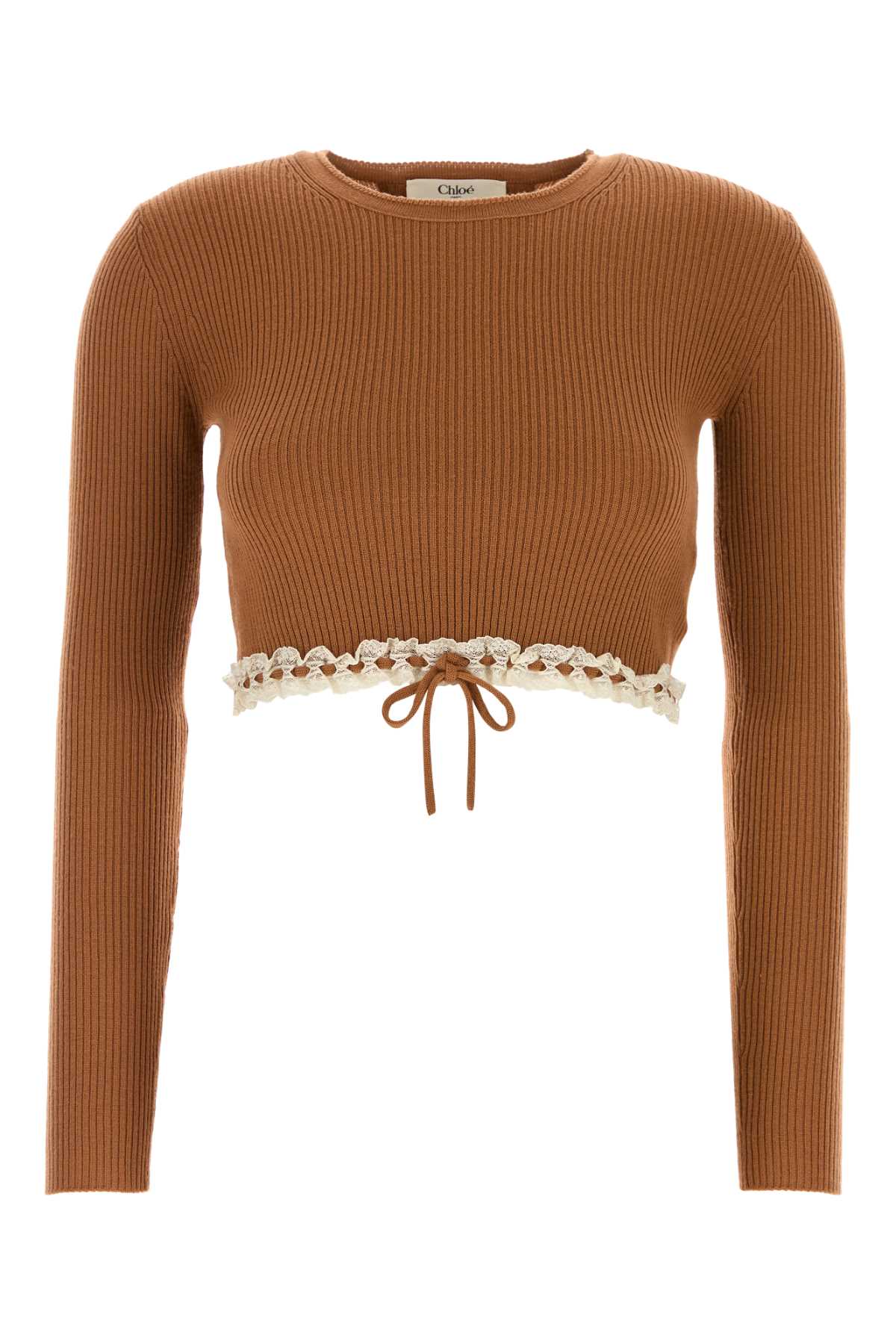Chloé Ribbed Wool with Lace Trim Sweater — Brown