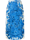 Valentino Floral-Print Wool-Silk Blend Skirt — Blue