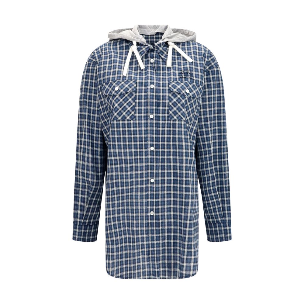 Miu Miu Checked Cotton Hooded Shirt — Blue
