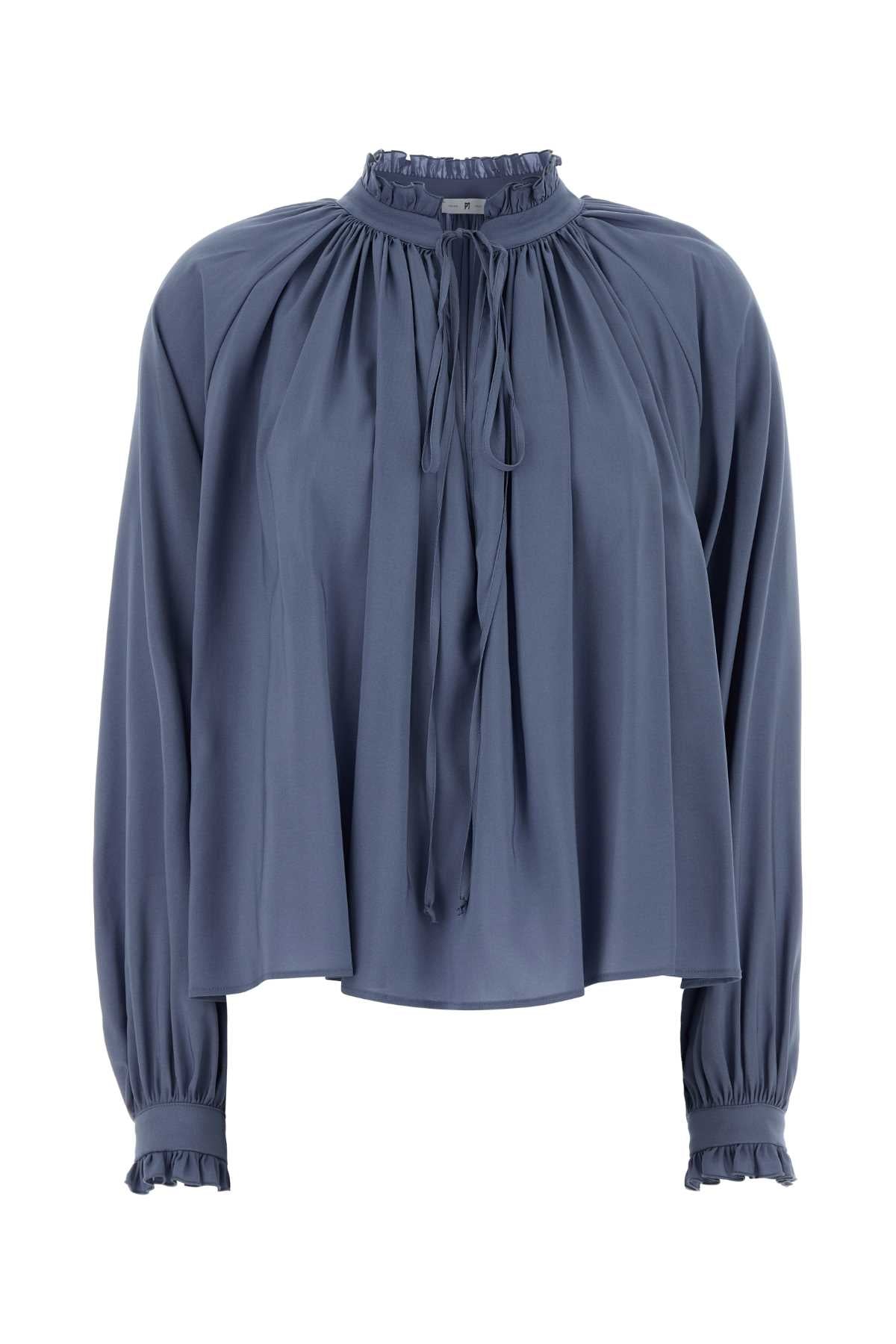 Pt Torino Ruched Cotton-Viscose Shirt — Blue