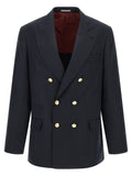 Brunello Cucinelli Silk and Linen Double-Breasted Blazer — Blue