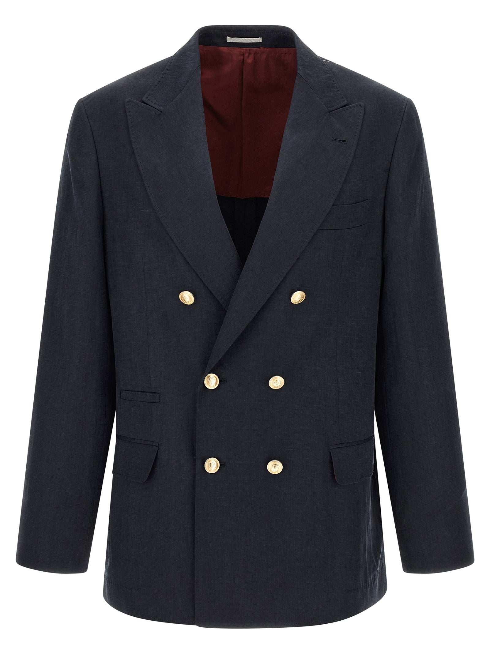 Brunello Cucinelli Silk and Linen Double-Breasted Blazer — Blue