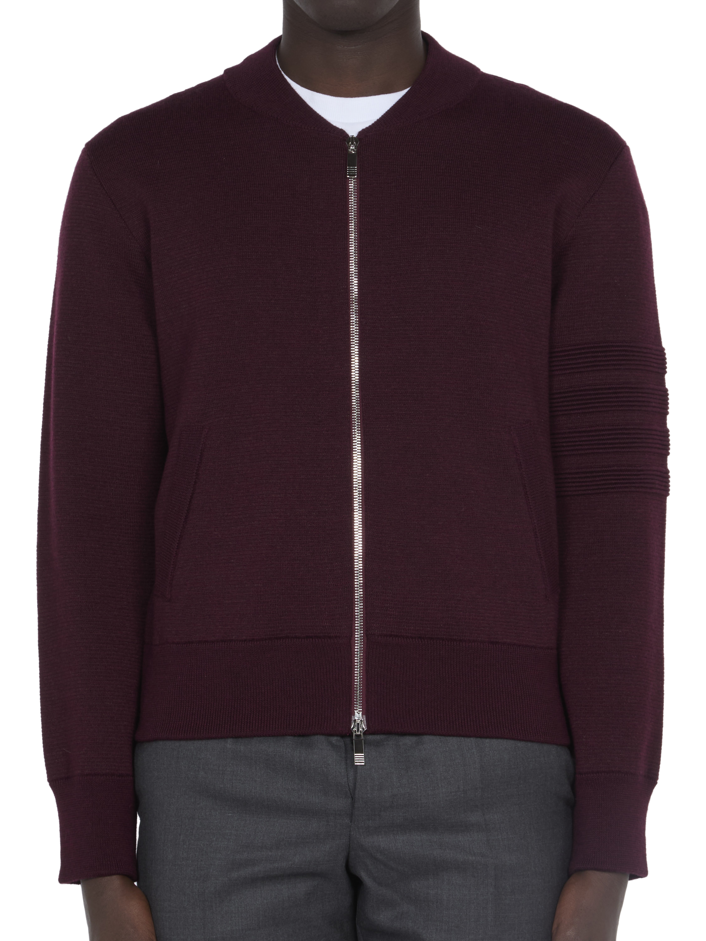 Thom Browne Merino Wool Zip-Up Bomber Jacket — Burgundy
