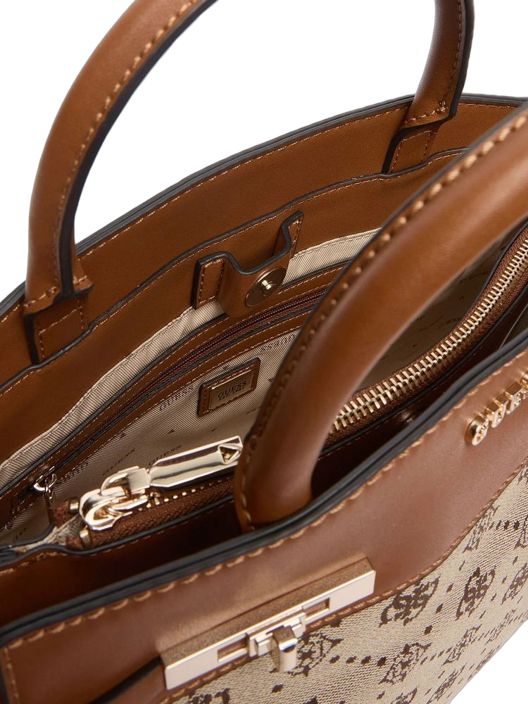 Guess Logo Jacquard Satchel Bag — Latte