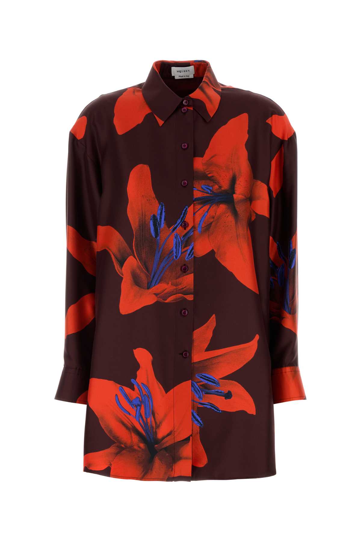 Alexander McQueen Floral-Print Silk Shirt — Burgundy
