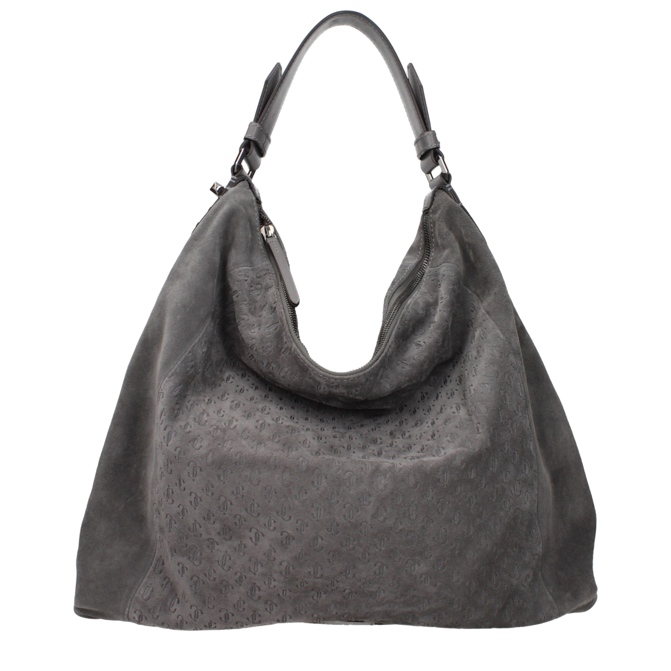 Jimmy Choo Logo-Embossed Suede Shoulder Bag — Gray