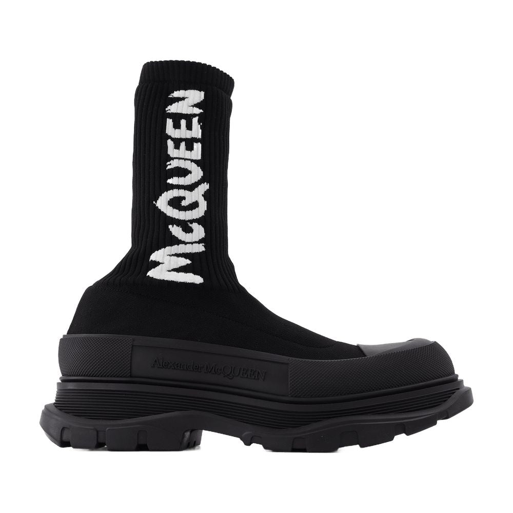 Alexander McQueen Logo-Embroidered Knit Sock Boot — Black