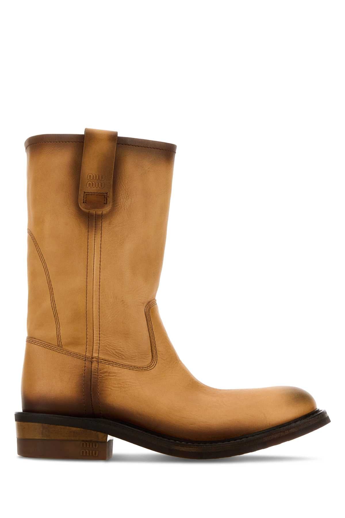 Miu Miu Leather Pull-On Boot — Beige
