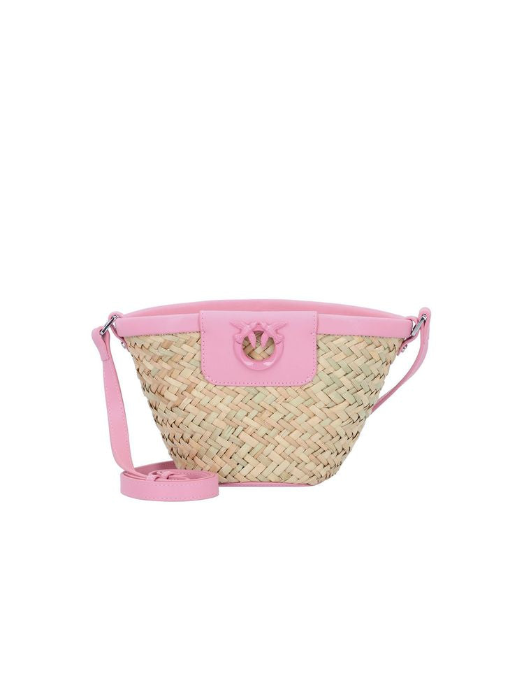 Pinko Straw & Leather Shoulder Bag — Pink