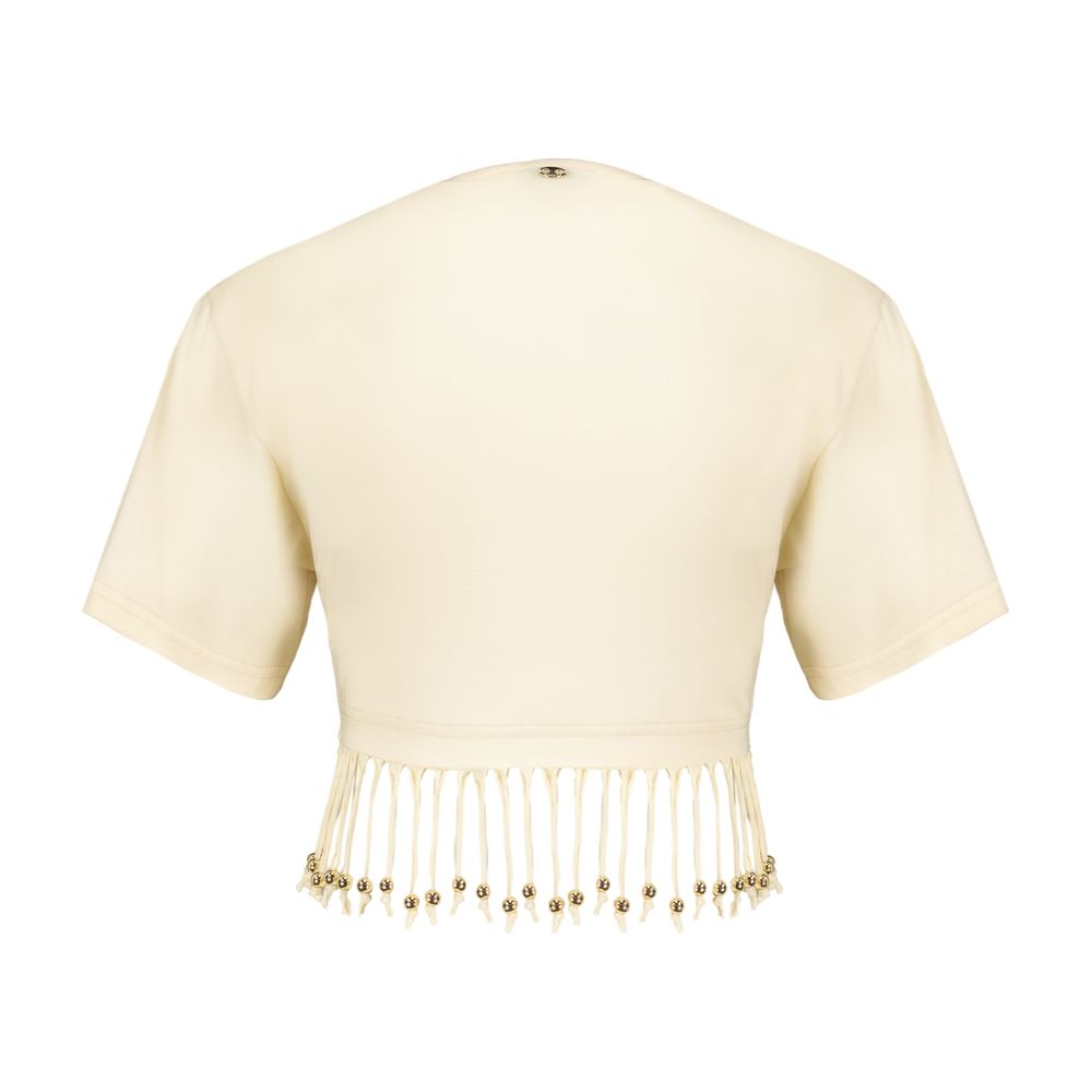 Rabanne Beaded Fringe Hem Cotton T-Shirt — ivory