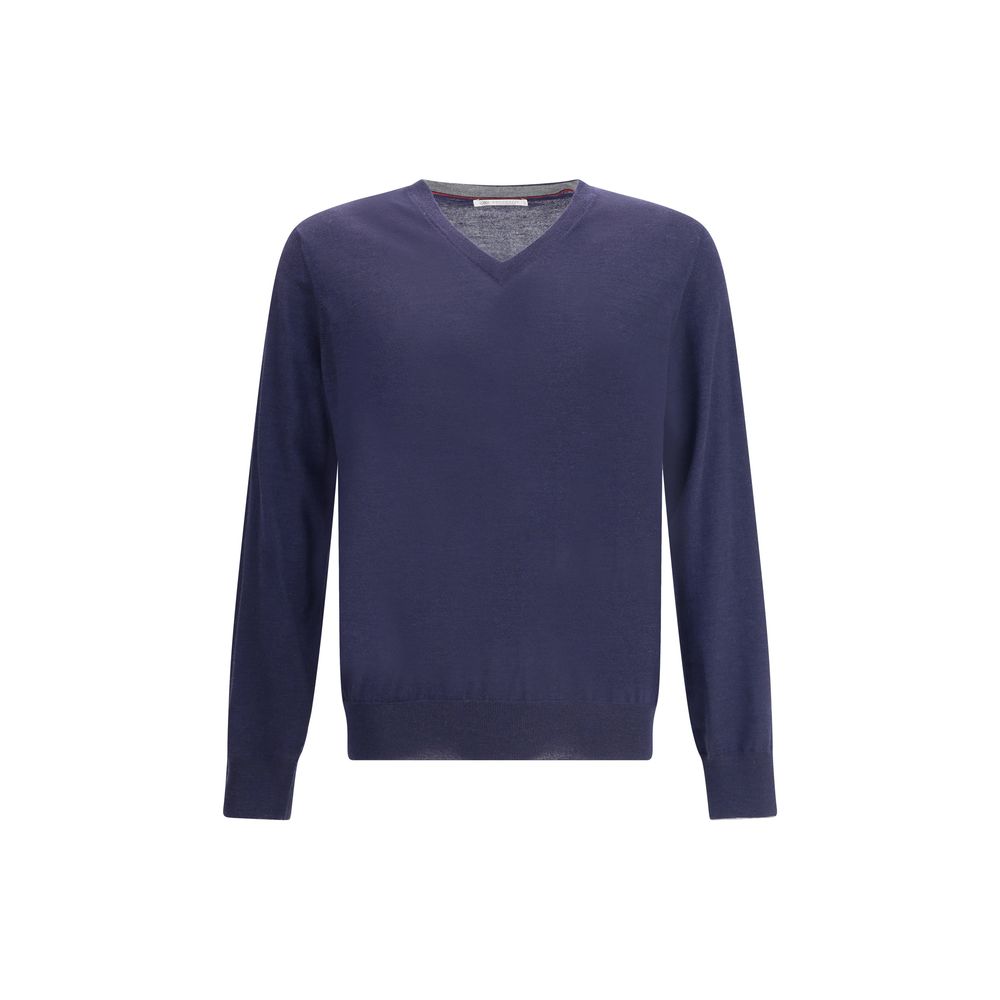 Brunello Cucinelli Cashmere Blend V-Neck Sweater — Navy