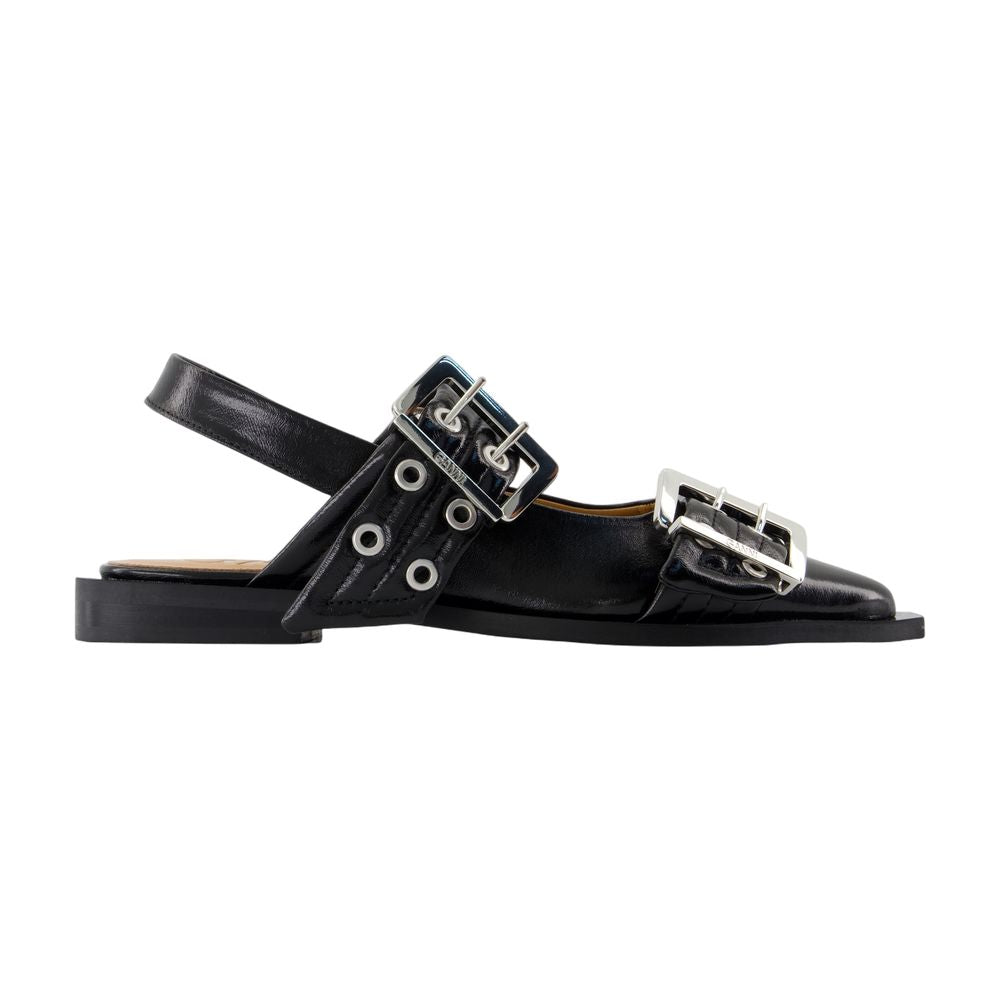 Ganni Buckle-Embellished Leather Flat — Black