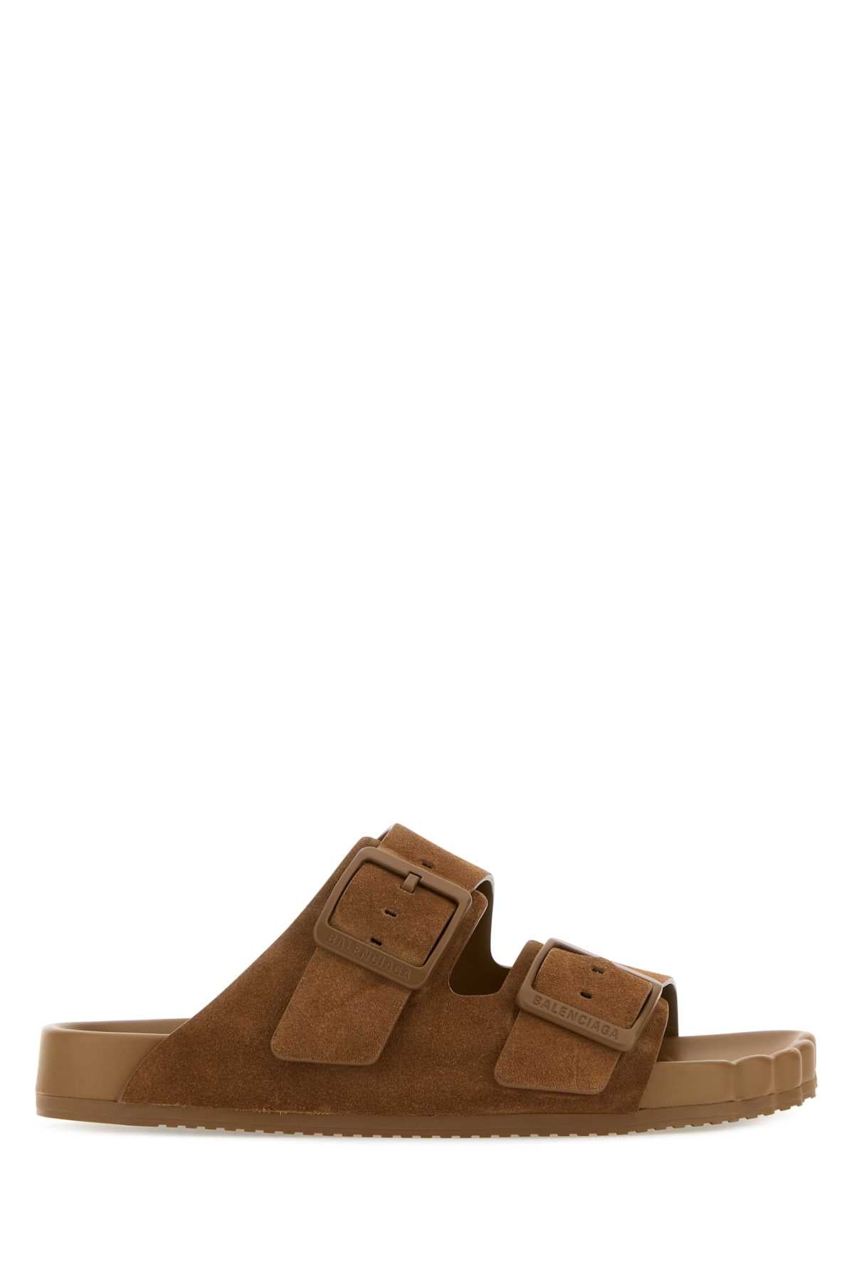 Balenciaga Suede Double-Buckle Sandal — Brown