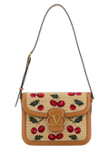 Valentino Garavani Cherry-Embroidered Raffia Shoulder Bag — Beige