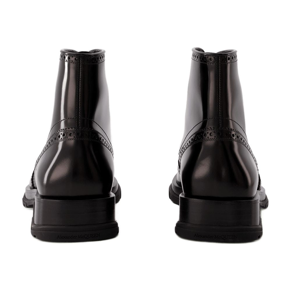 Alexander McQueen Brogue-Trimmed Leather Ankle Boot — Black