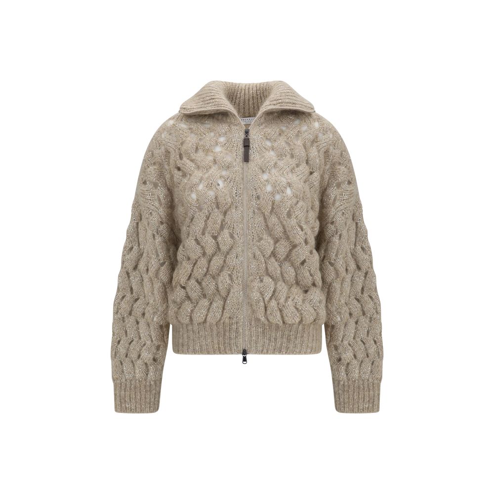 Brunello Cucinelli Cable-Knit Mohair Blend Cardigan — Beige