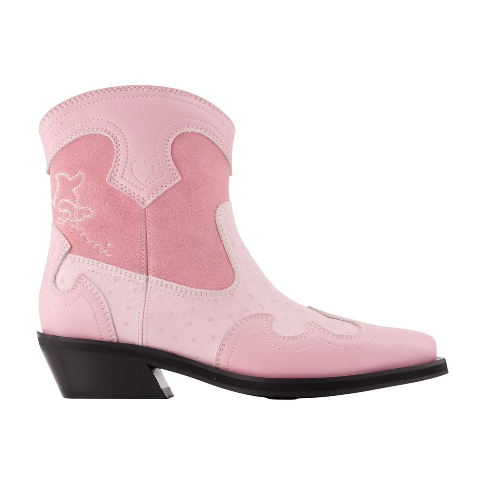 Ganni Western-Style Synthetic Ankle Boot — Pink