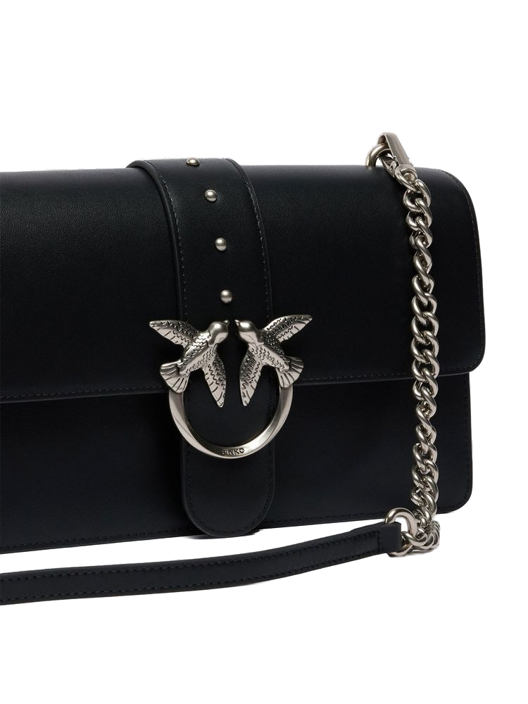 Pinko Goat Leather with Bird-Emblem Clasp Crossbody Bag — Black