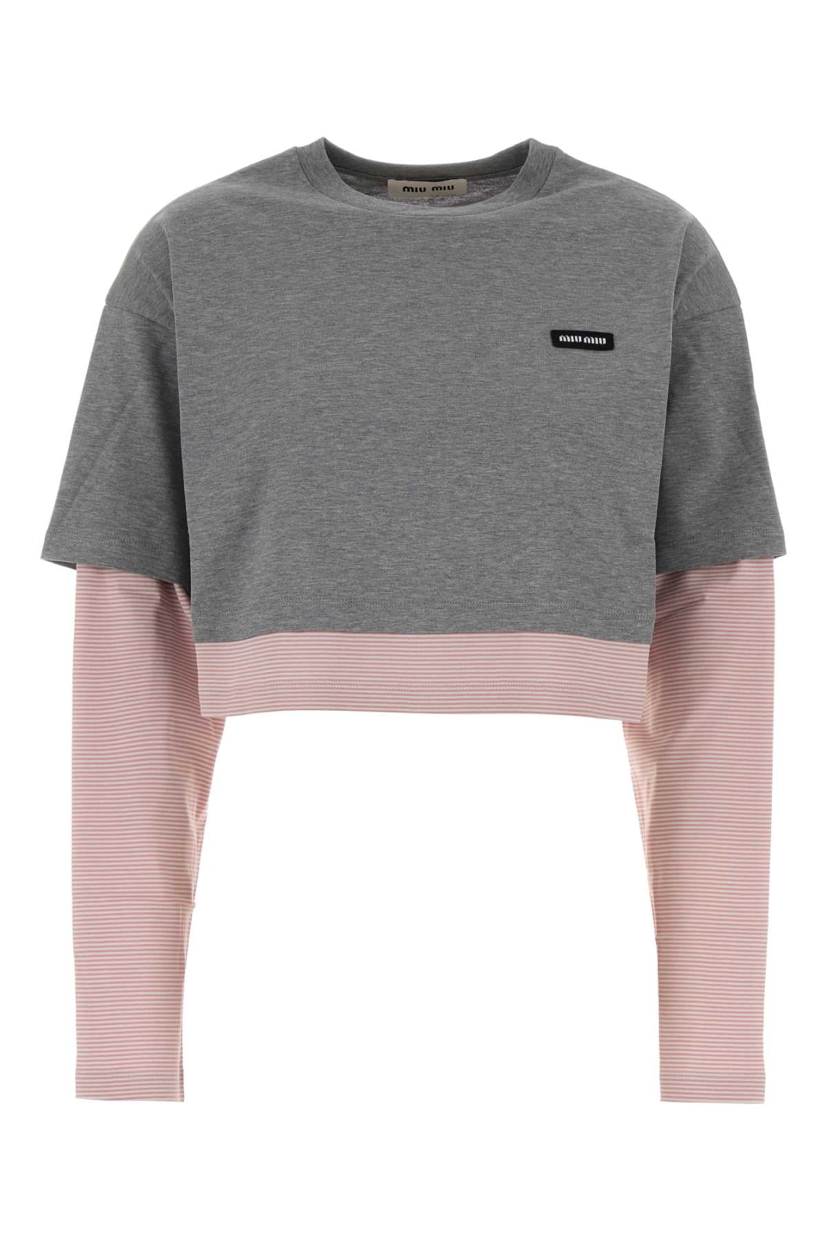 Miu Miu Colorblock Cotton T-Shirt — Gray