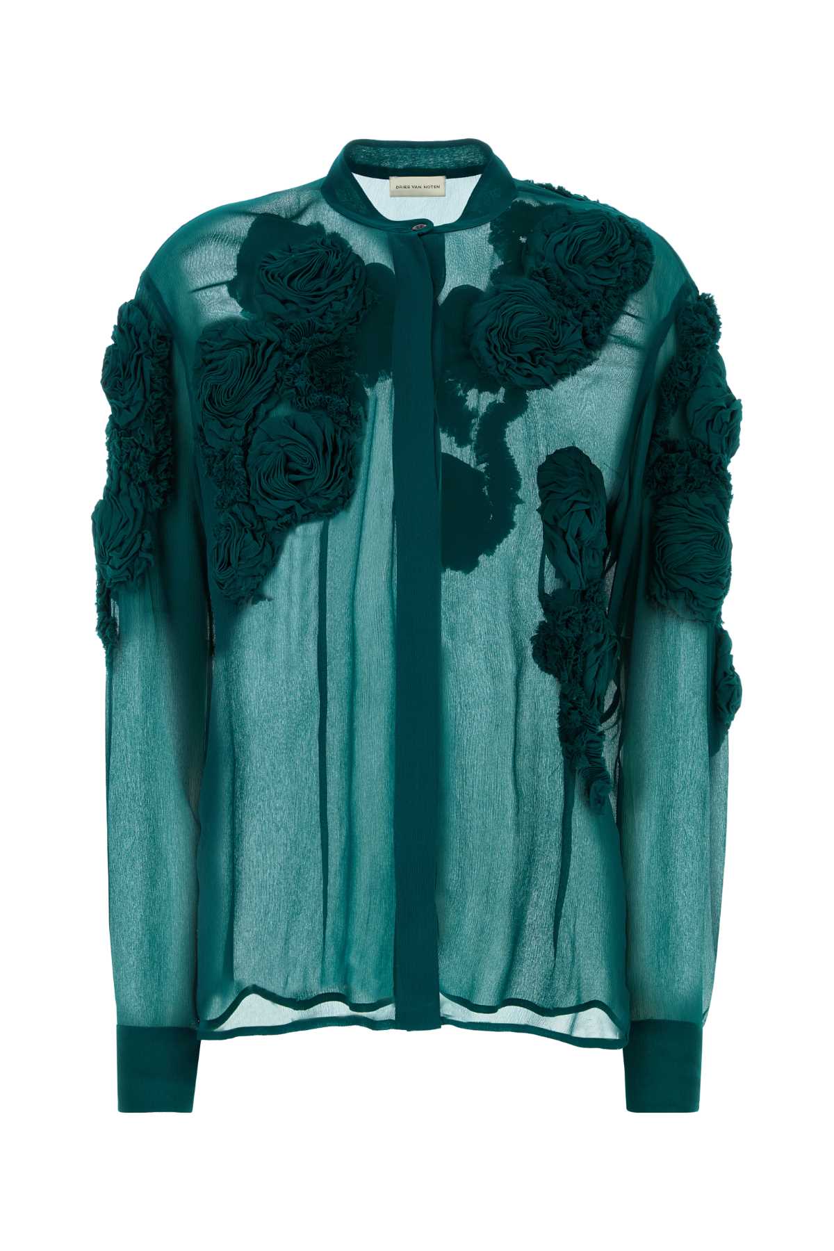 Dries Van Noten Rose-Embellished Viscose Shirt — Green