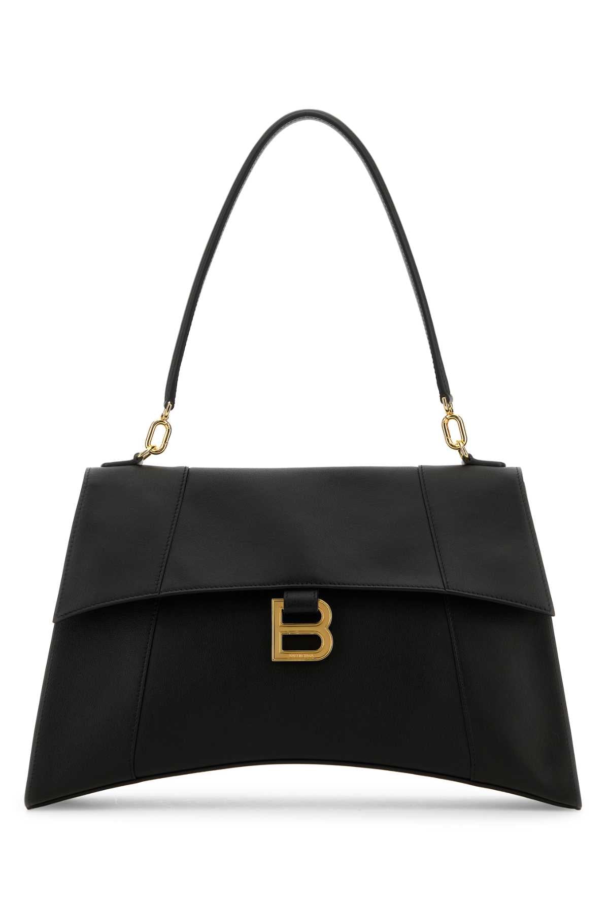 Balenciaga Gold-Logo Calfskin Shoulder Bag — Black