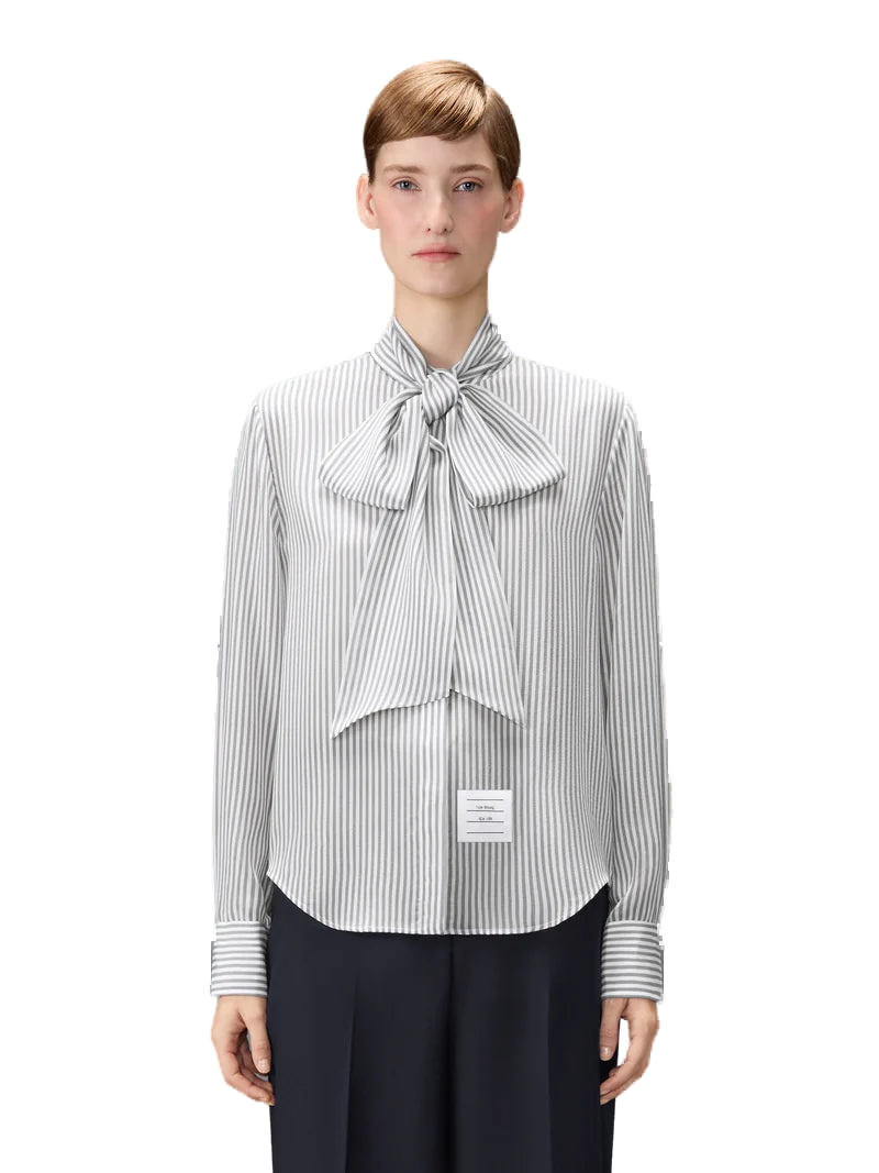 Thom Browne Detachable Lavallière Collar Silk Shirt — Gray