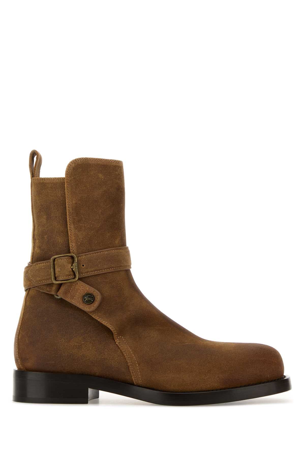 Burberry Buckle-Strap Calf Suede Boot — Brown