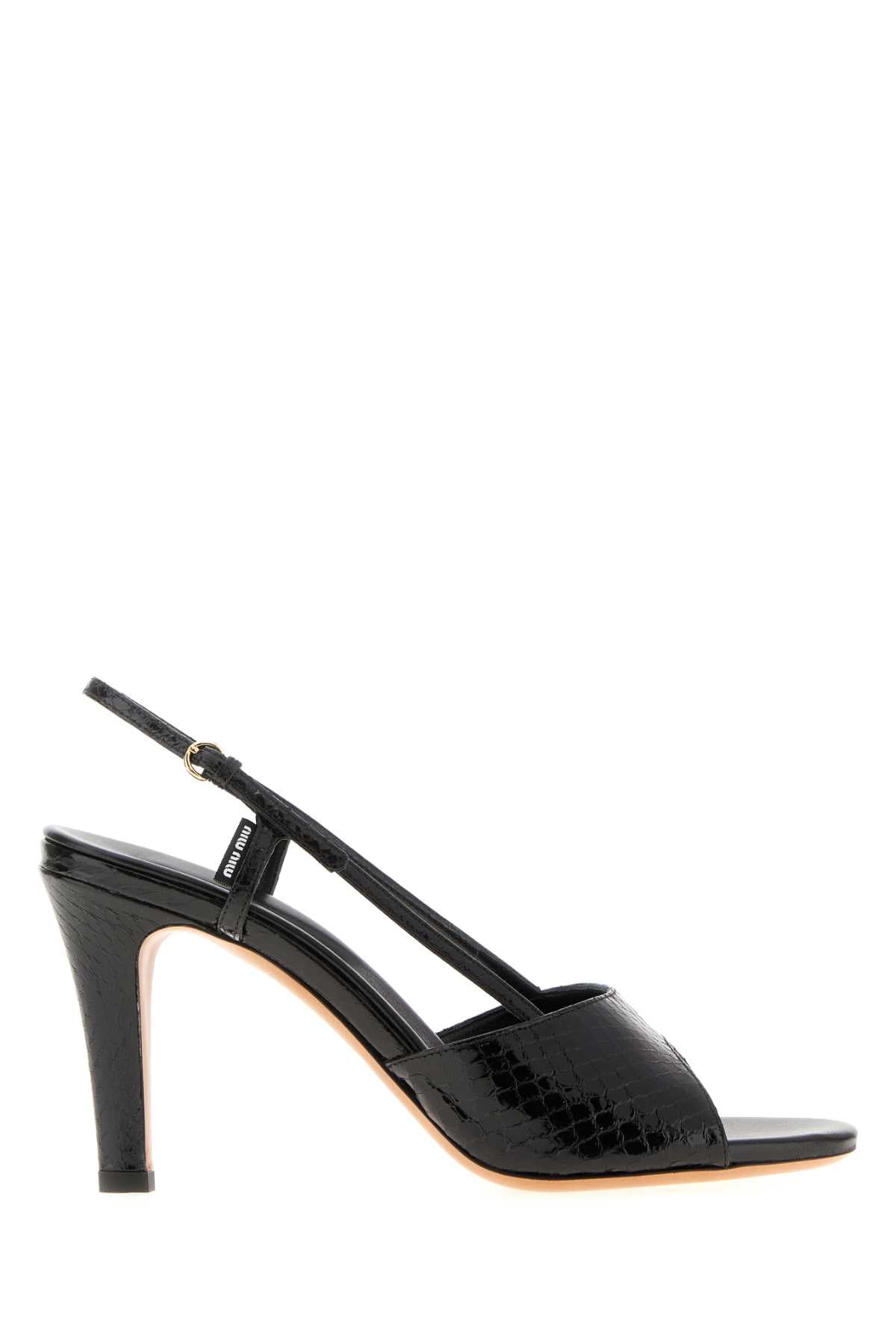 Miu Miu Crocodile-Embossed Leather Heel Sandal — Black