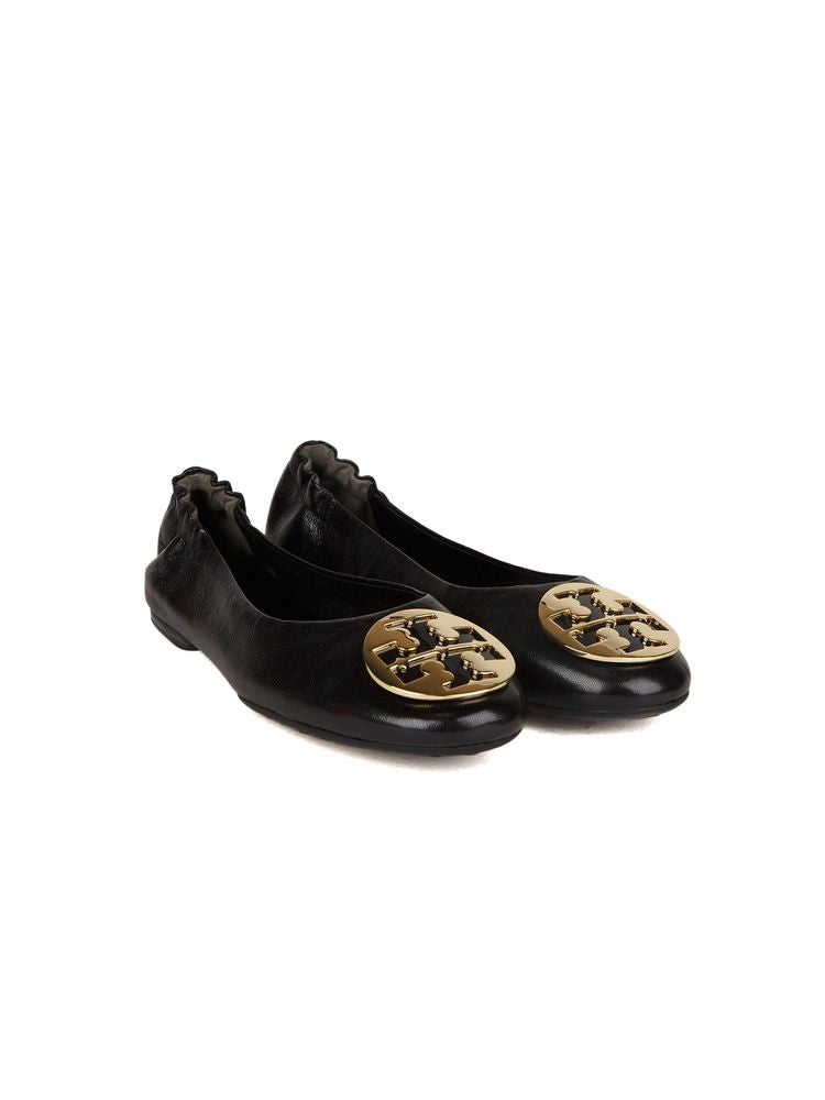 Tory Burch Gold-Logo Leather Ballet Flat — Black