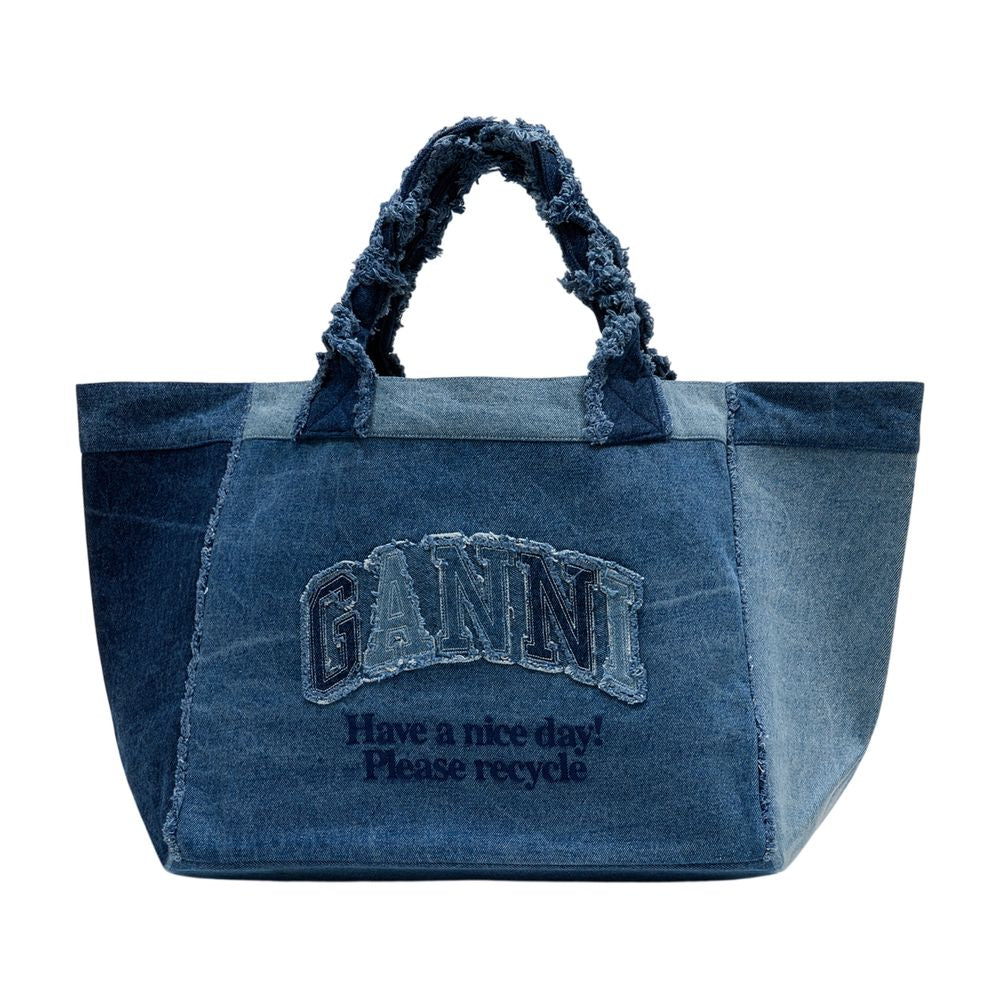 Ganni Logo-Embroidered Denim Tote Bag — Blue