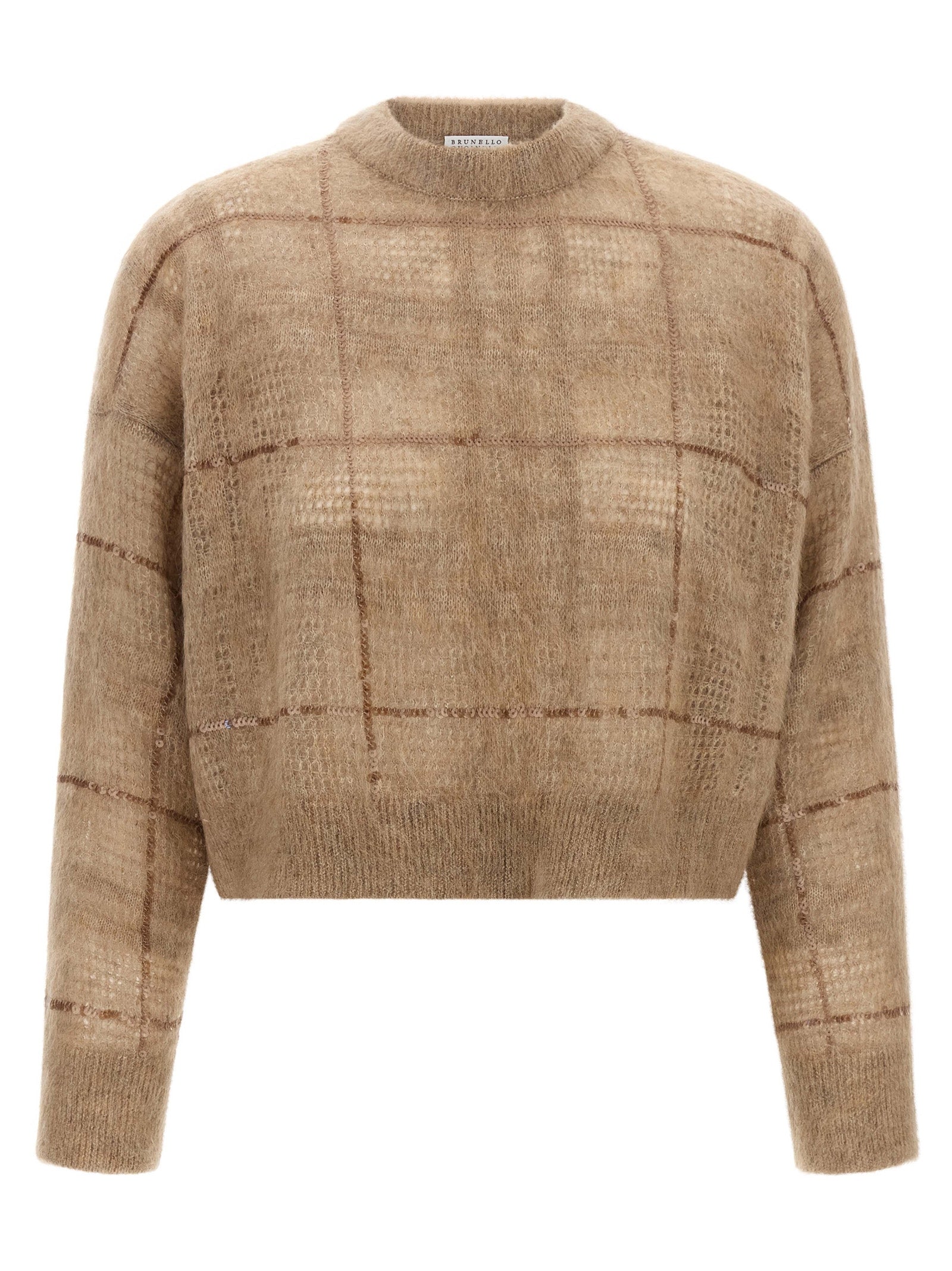 Brunello Cucinelli Mohair-Wool Check Sweater — Beige