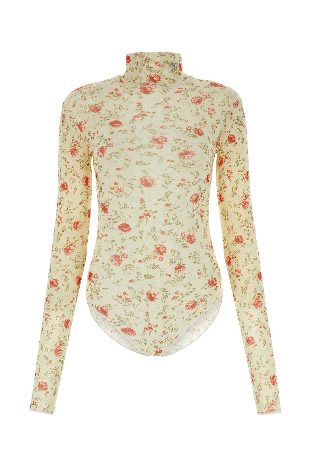 Prada Floral-Print Nylon Bodysuit — Beige