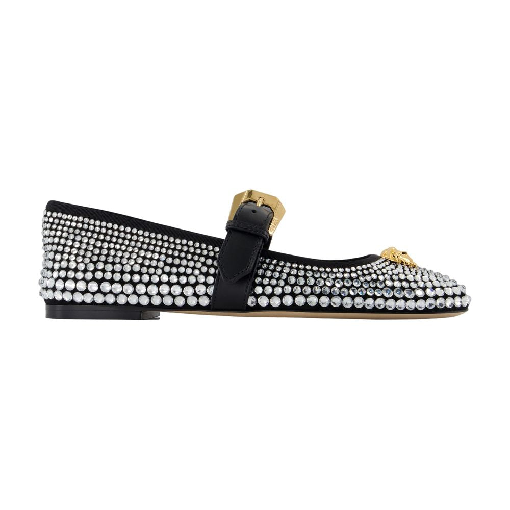 Versace Crystal-Embellished Calfskin Flat — Black