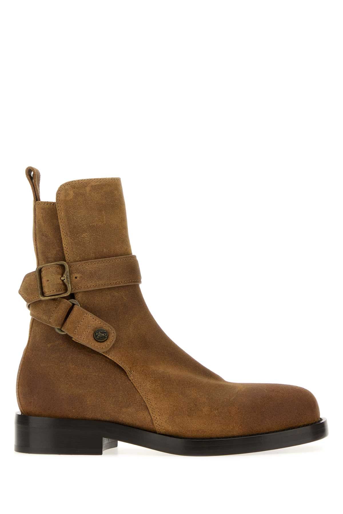 Burberry Suede Buckle-Strap Boot — Beige