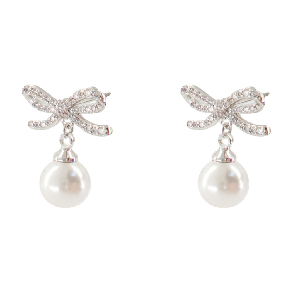 Self-Portrait Bow and Pearl Drop Earrings — Silver