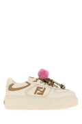 Fendi Leather Low-Top with Pom-Pom Charm Sneaker — Beige