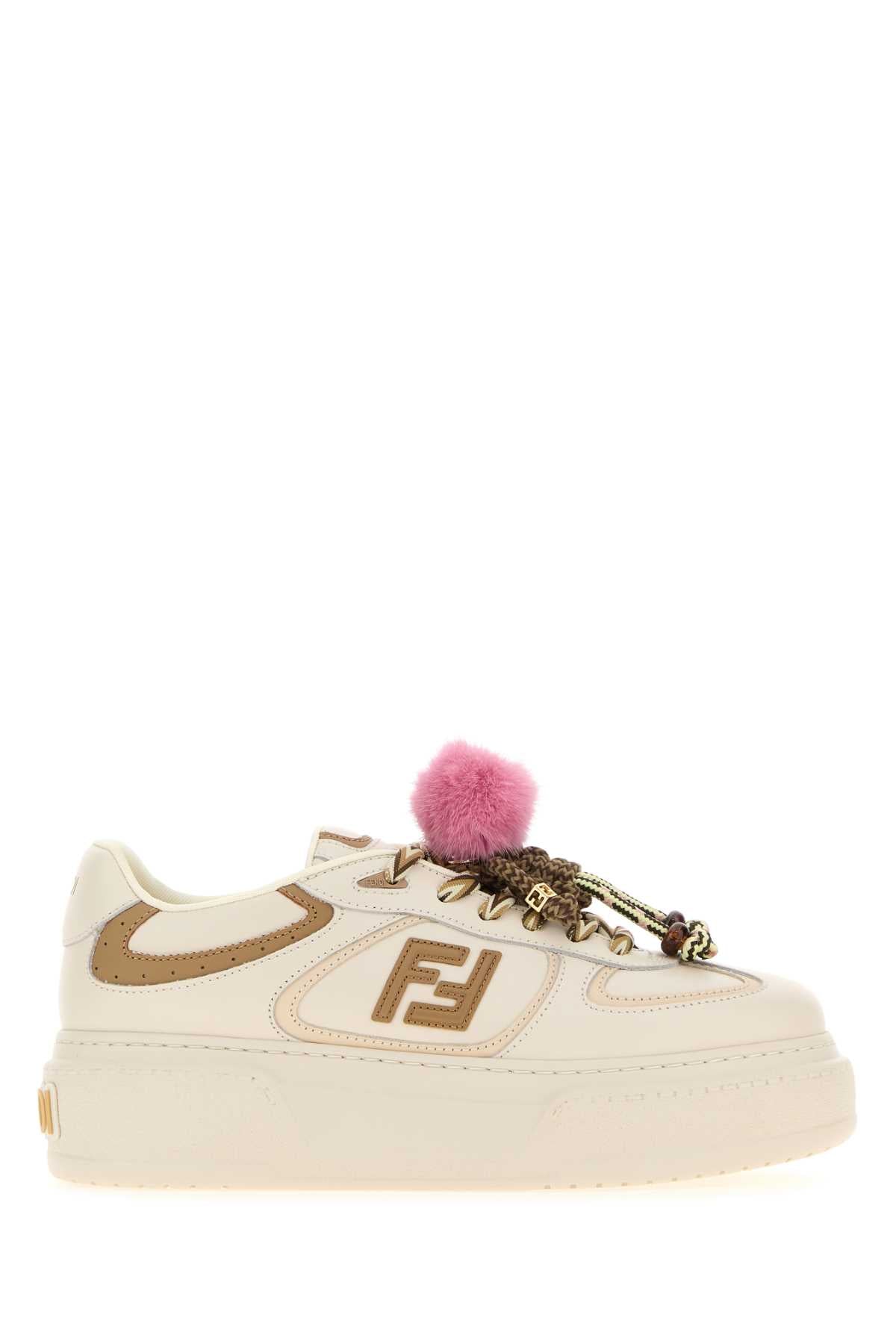Fendi Leather Low-Top with Pom-Pom Charm Sneaker — Beige