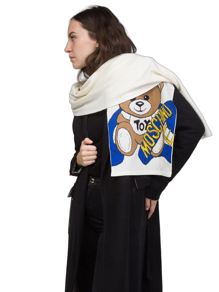 Moschino Teddy Bear-Graphic Wool Scarf — White