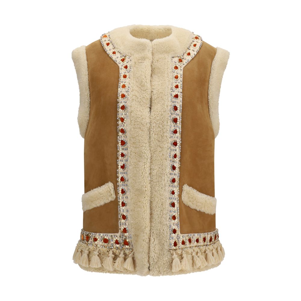 Valentino Garavani Bead & Rhinestone-Embellished Lamb Fur Vest — Beige