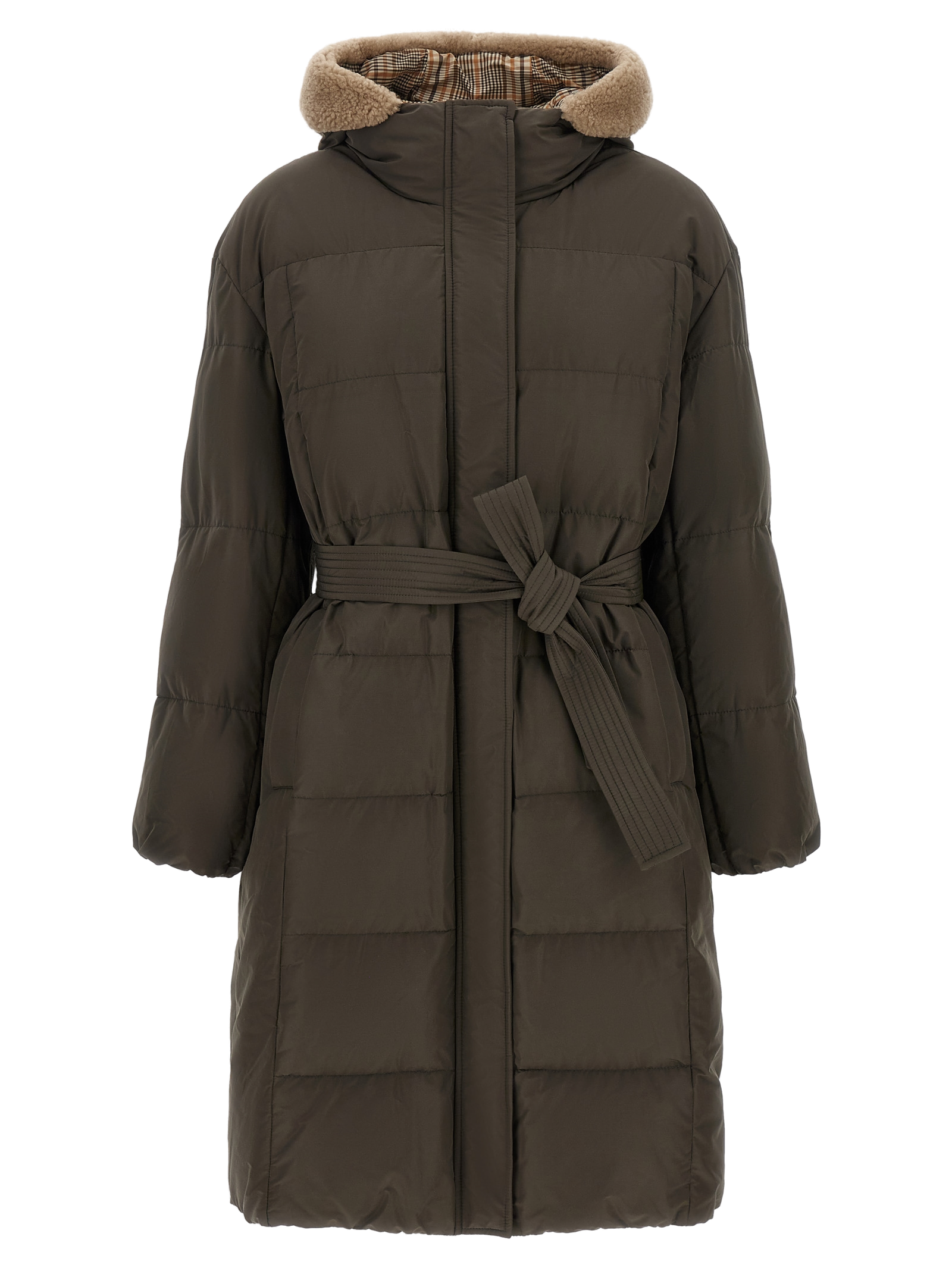 Brunello Cucinelli Padded Cotton with Sherpa Hood Down Coat — Brown
