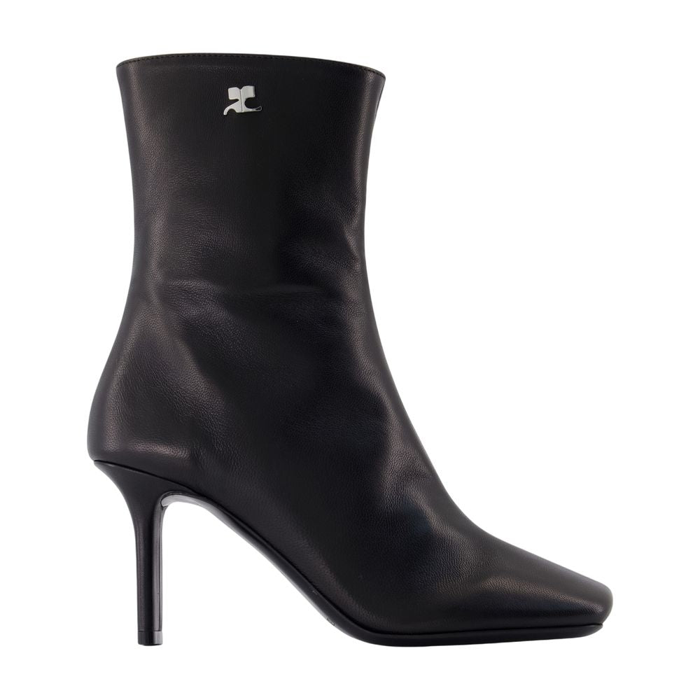Courreges Square Toe Leather Ankle Boot — Black
