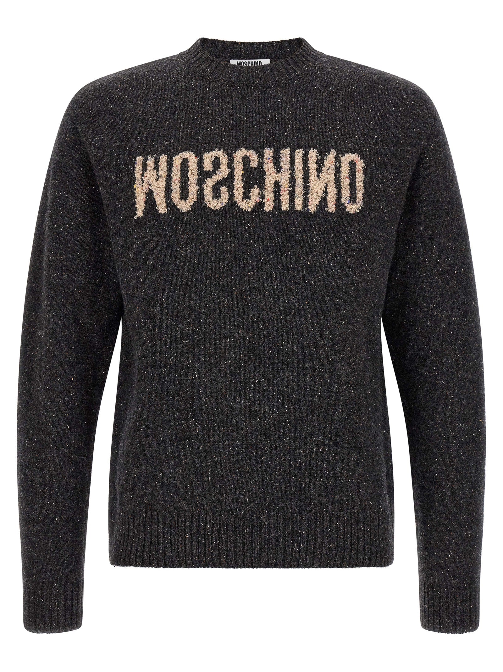 Moschino Logo-Embroidered Bouclé Knit Sweater — Gray