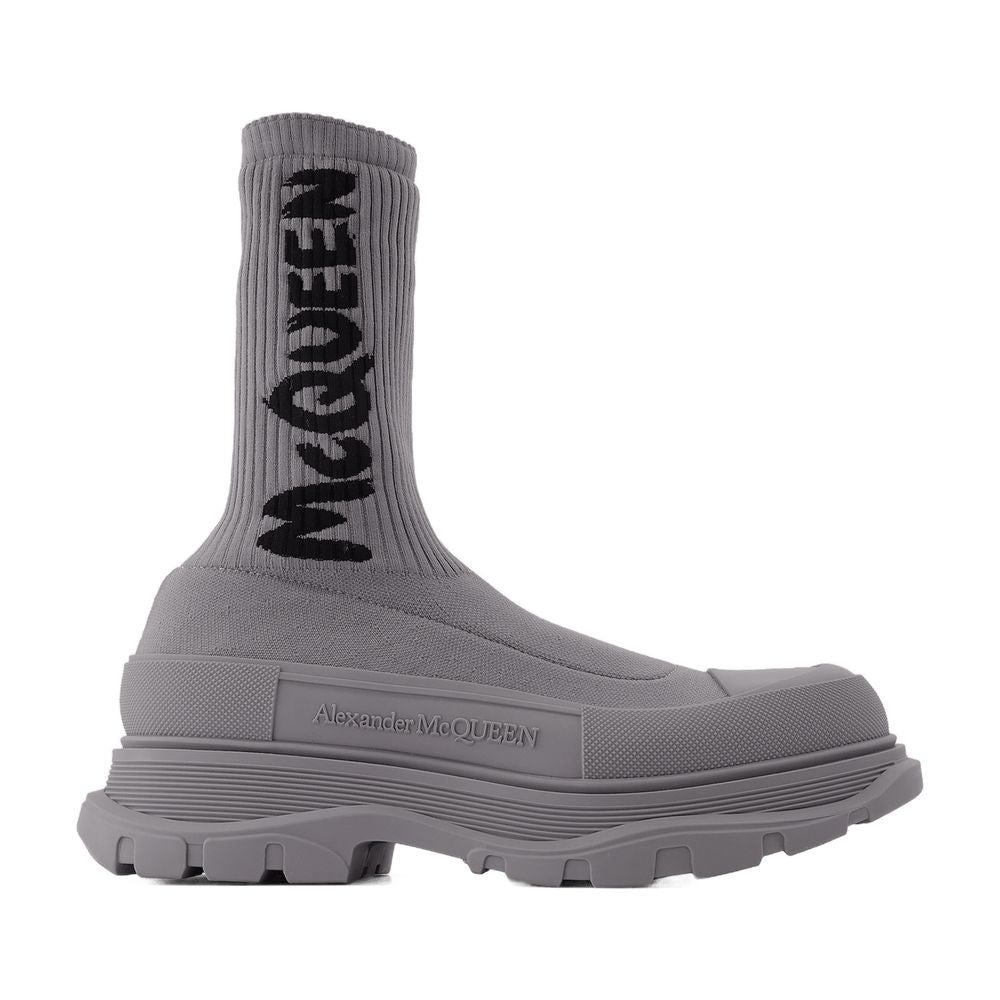 Alexander McQueen Logo-Embroidered Sock Boot — Gray