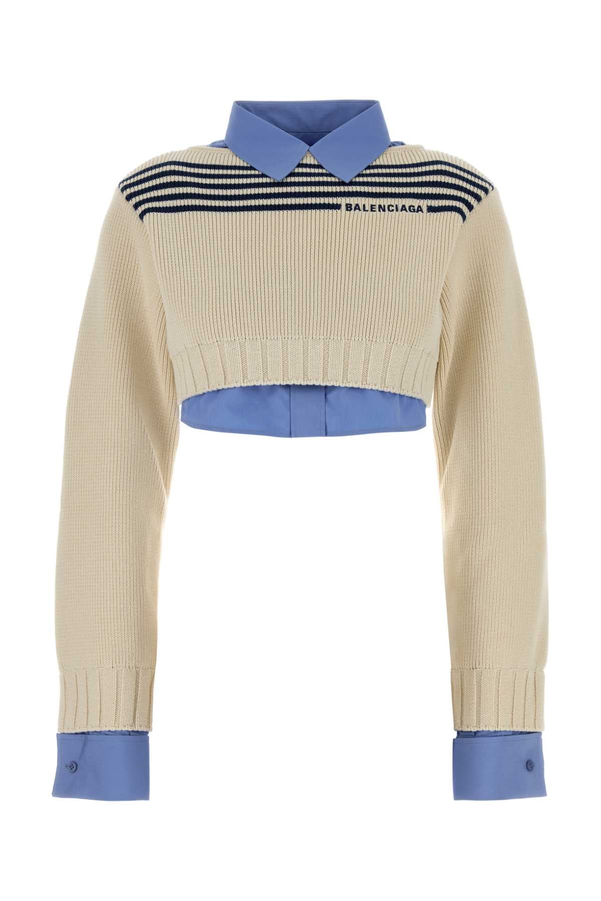 Balenciaga Striped Cotton with Contrasting Collar Sweater — Beige