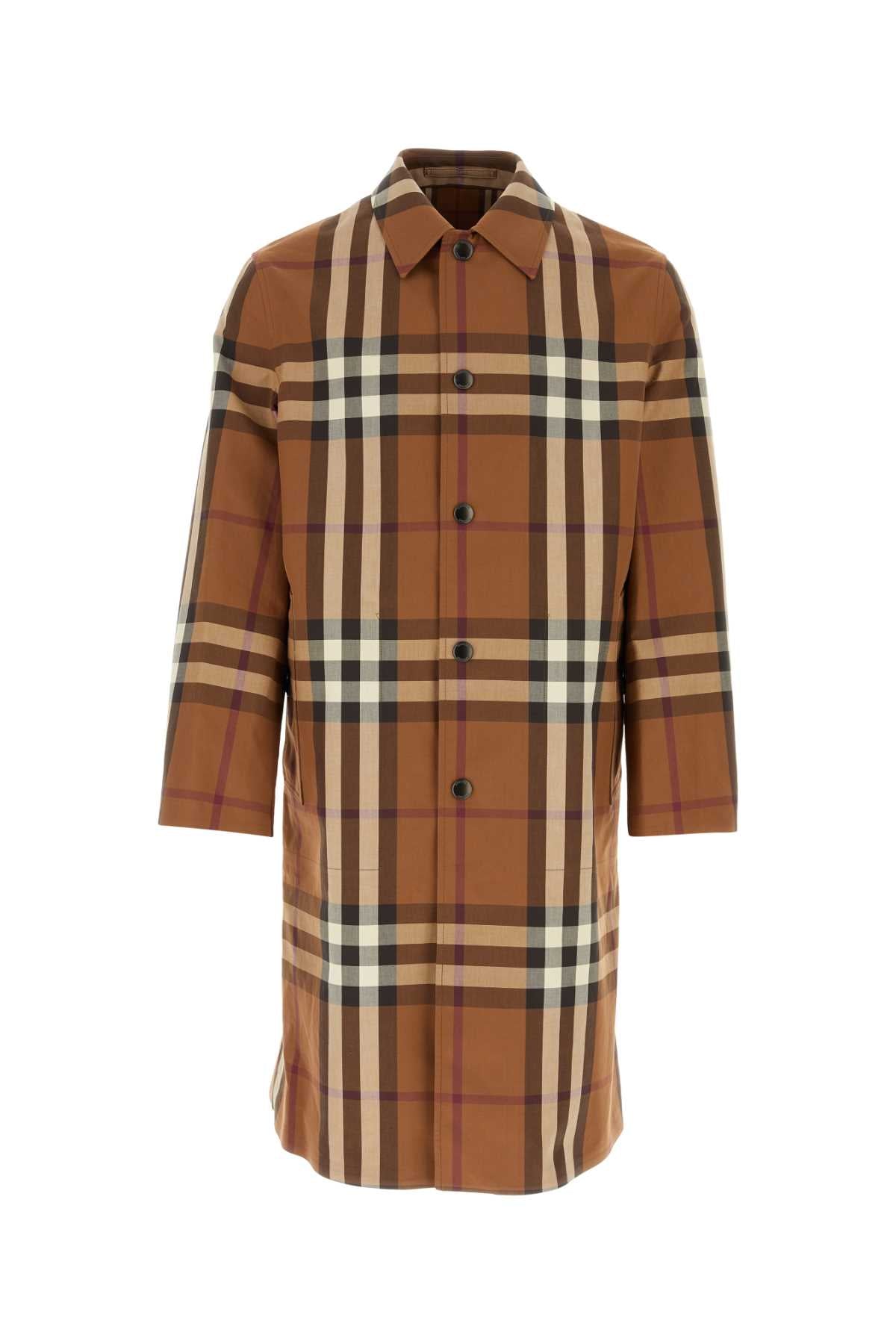 Burberry Check-Print Cotton Trench Coat — Brown